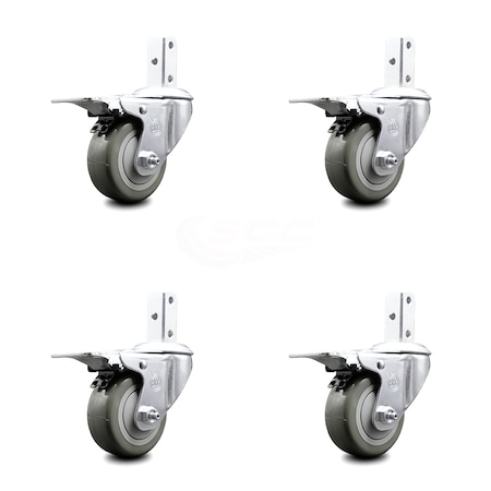 3 Inch Gray Poly Wheel Swivel 7/8 Inch Square Stem Caster Set Total Lock Brake